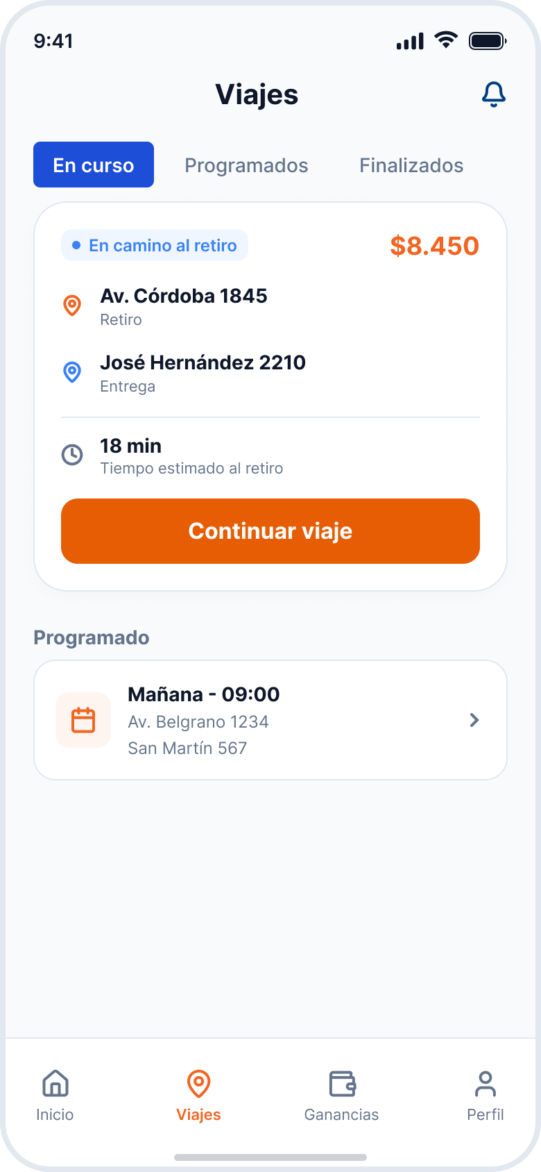 Detalles del viaje en curso y viajes programados en RutArg